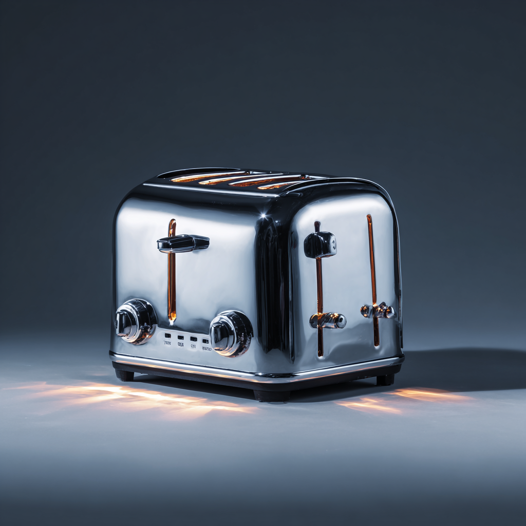 Gleaming chrome four-slice toaster with round dials and copper accents, dramatically lit against a dark background